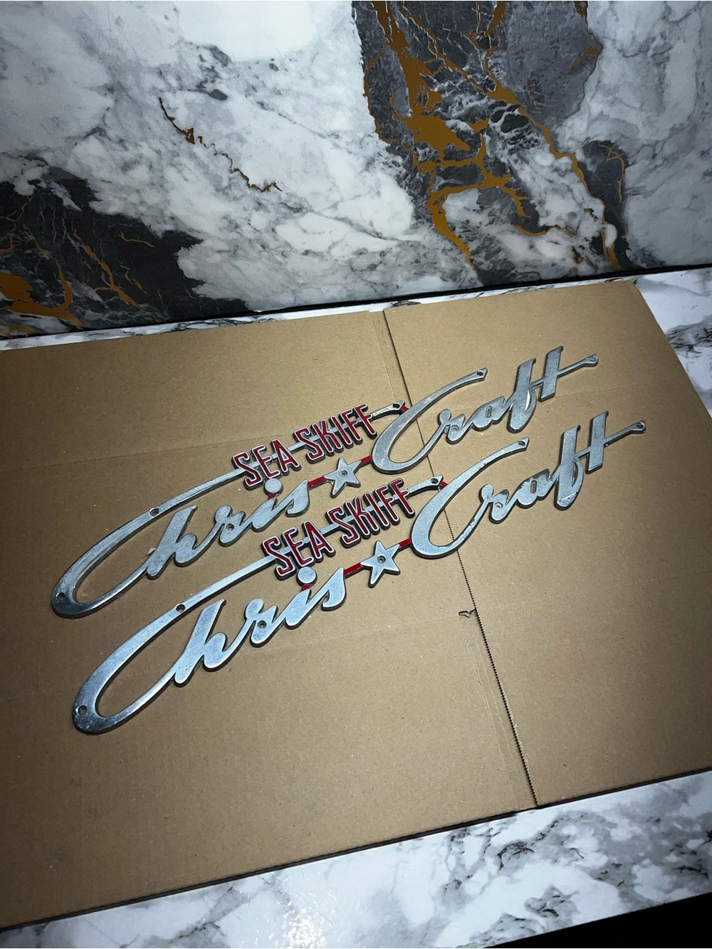 RARE Chris Craft Sea Skiff Emblem 23 1/4x3.75 Pair 0444-30384